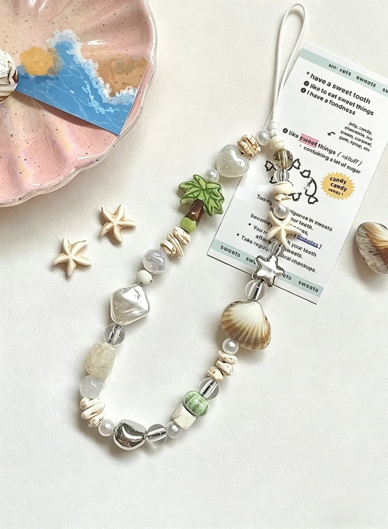 HPRT Handmade Beaded Phone Chain Wrist Strap, Summer Beach Style with Palm Tree and Shell Decor, Cute Cell Phone Lanyard for Women and Girls (20cm) - Image 2