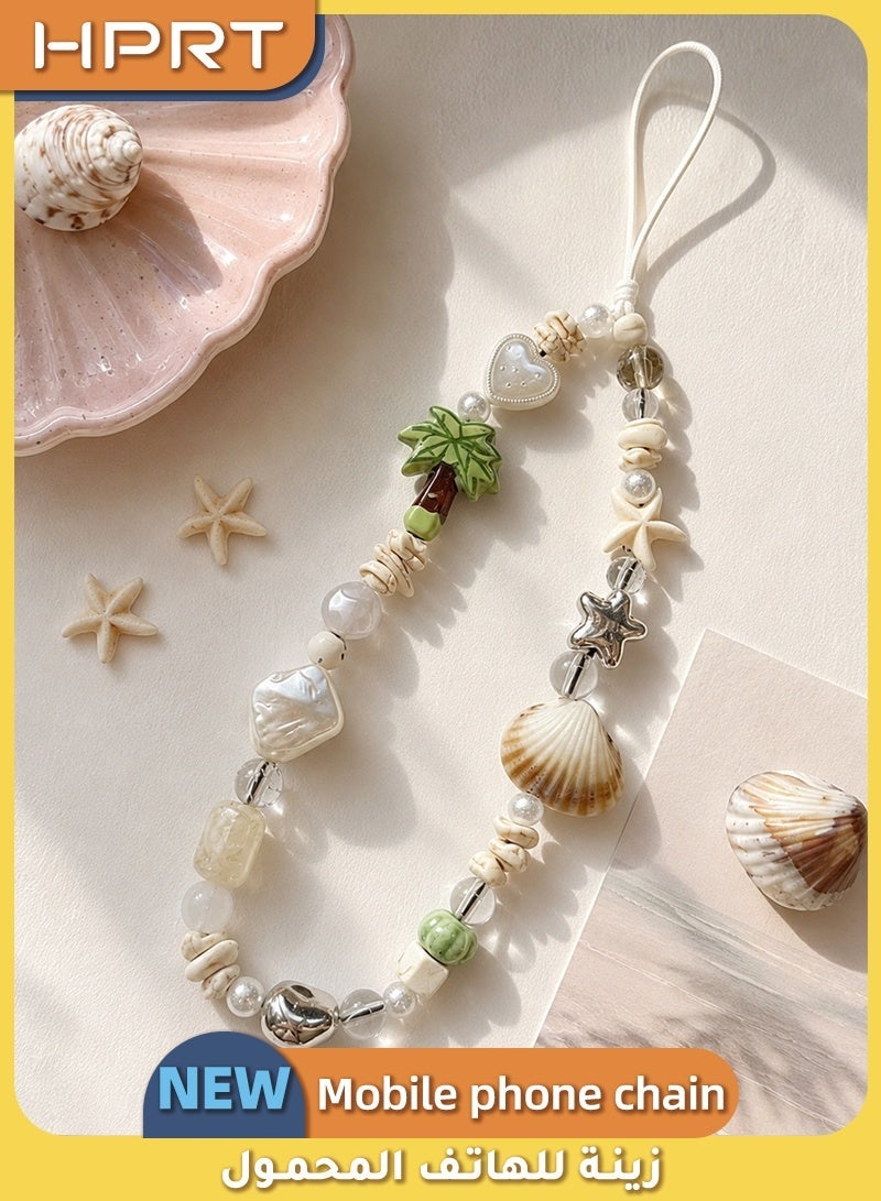 HPRT Handmade Beaded Phone Chain Wrist Strap, Summer Beach Style with Palm Tree and Shell Decor, Cute Cell Phone Lanyard for Women and Girls (20cm) - Image 1