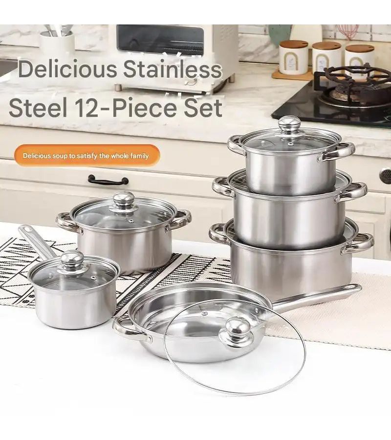 6 Pots 6 Lids Silvery Stainless Steel Cookware Set Heat Resistant Frying Pans Suitable For All Stovetops Various Sizes Ideal For Home And Restaurant Use Outdoor Camping Housewarming Dorm Kitchen Holiday Gift Modern - Image 3