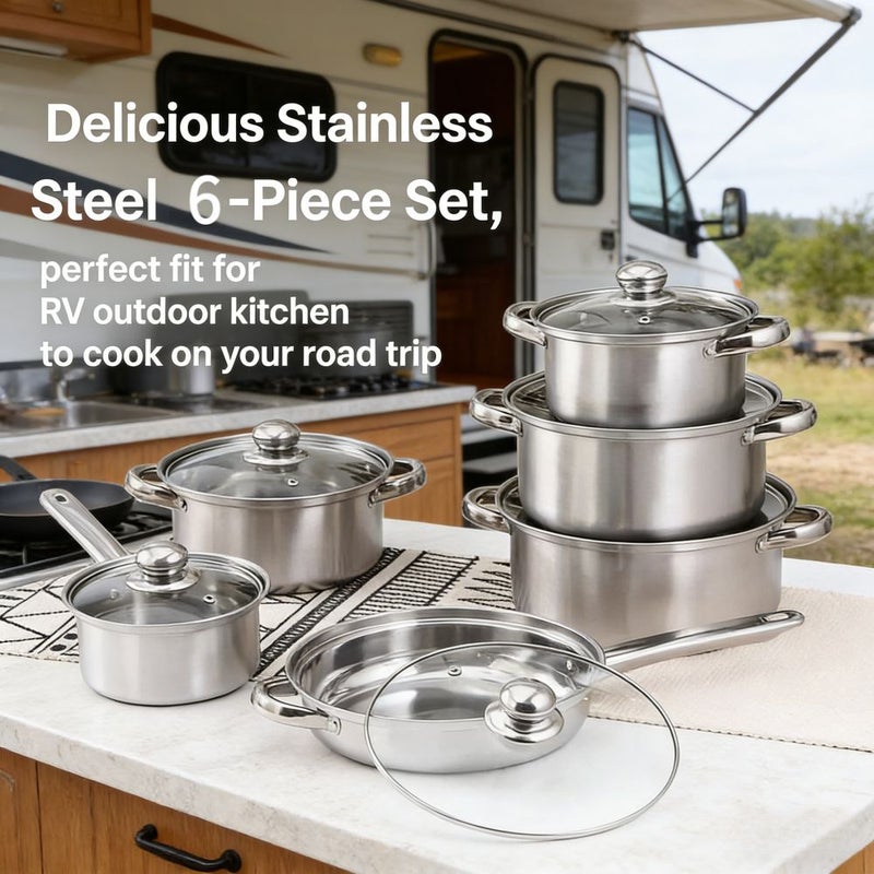 6 Pots 6 Lids Silvery Stainless Steel Cookware Set Heat Resistant Frying Pans Suitable For All Stovetops Various Sizes Ideal For Home And Restaurant Use Outdoor Camping Housewarming Dorm Kitchen Holiday Gift Modern - Image 1