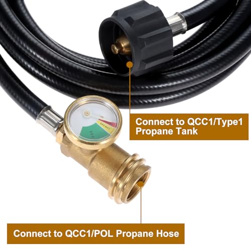 DRELD 12 Feet Propane Extension Hose with Gauge, Adapter Converts POL 100 lb LP Tank to Male QCC1 / Type1, Fit for RV, Gas Grill, Heater, Fire Pit and Most Propane Appliances - Image 2