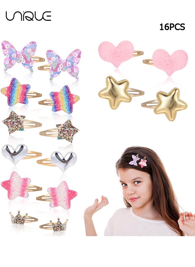 Unique 16 Pairs of Hair Clips - Cute Metal Button Hair Clips - For Crown, Star, Heart, Crown, Butterfly Shaped Girl Hair Clip - Shiny Girl Hair Clip (Multicolor) - Image 1