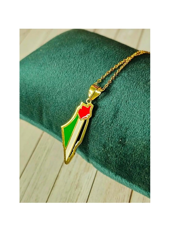 Julia Store Palestine فلسطين Map Pendant Necklace For Men Women 21K Gold Plated Stainless Steel Luxury Hypoallergic Palestine Map Pendant Necklace Enamel Flag Islamic CodeP1 Necklace By Julia Store - Image 2