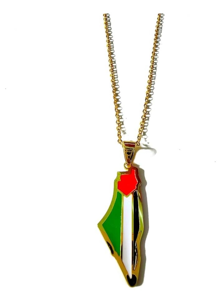 Julia Store Palestine فلسطين Map Pendant Necklace For Men Women 21K Gold Plated Stainless Steel Luxury Hypoallergic Palestine Map Pendant Necklace Enamel Flag Islamic CodeP1 Necklace By Julia Store - Image 1
