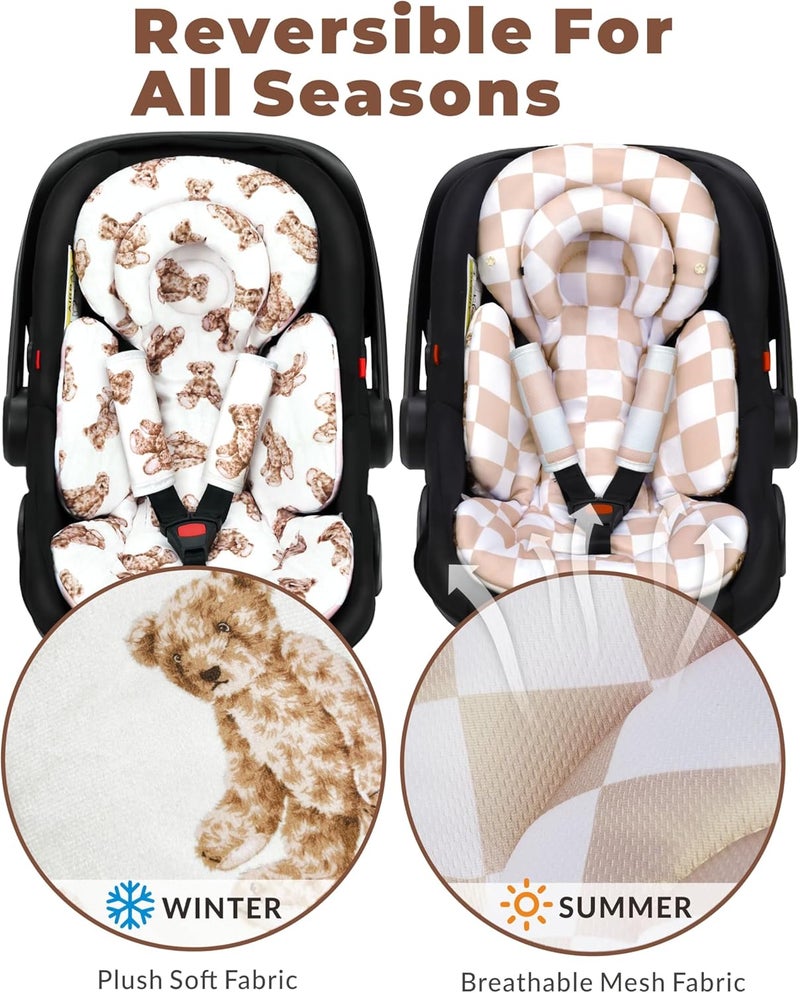 Tinlyfinly Infant Car Seat Insert with Removable Cushion for Preemie to Toddler, Reversible Newborn Carseat Insert for Baby Head Body Support, Fits for Stroller, Baby Swing, Bouncer (Teddy Bear) Universal design - Image 5