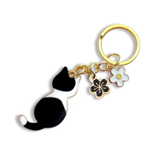 Agromusk Cute Cat Keychain, Enamel Flower Keyring Japanese Decor for Garden Lovers, Kawaii Bag Charm With Sakura Flowers (Black) - Image 1