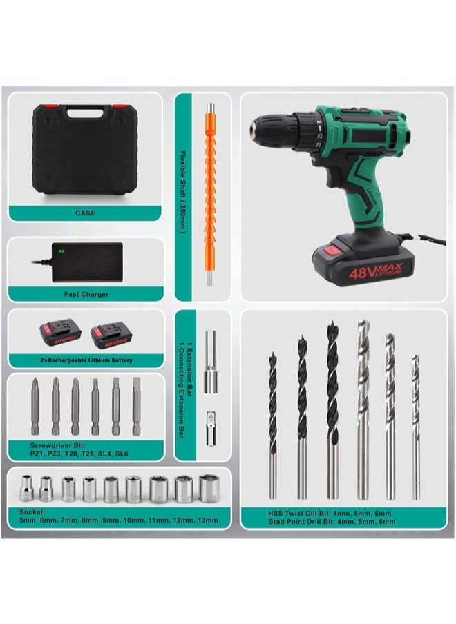 48V Cordless Drill Set Electric Drill with 2 Batteries and Charger Electric Screwdriver Power Drill Drivers with 2 Speed 25 +1 Torque Setting Built-in LED Light Storage Case Included