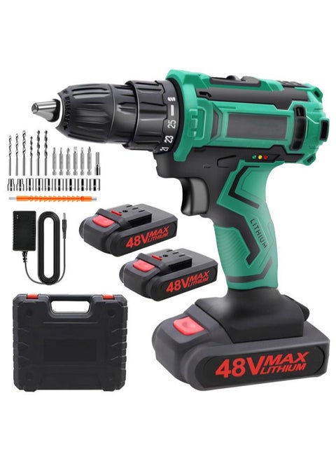 48V Cordless Drill Set Electric Drill with 2 Batteries and Charger Electric Screwdriver Power Drill Drivers with 2 Speed 25 +1 Torque Setting Built-in LED Light Storage Case Included