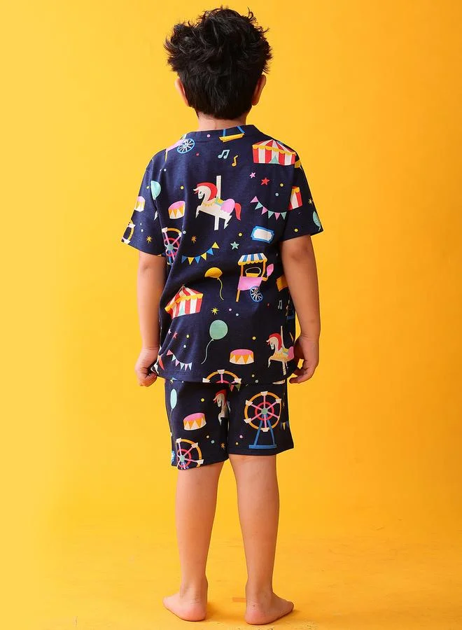 Anthrilo Navy Carnival Circus Cotton T-Shirt and Shorts Set