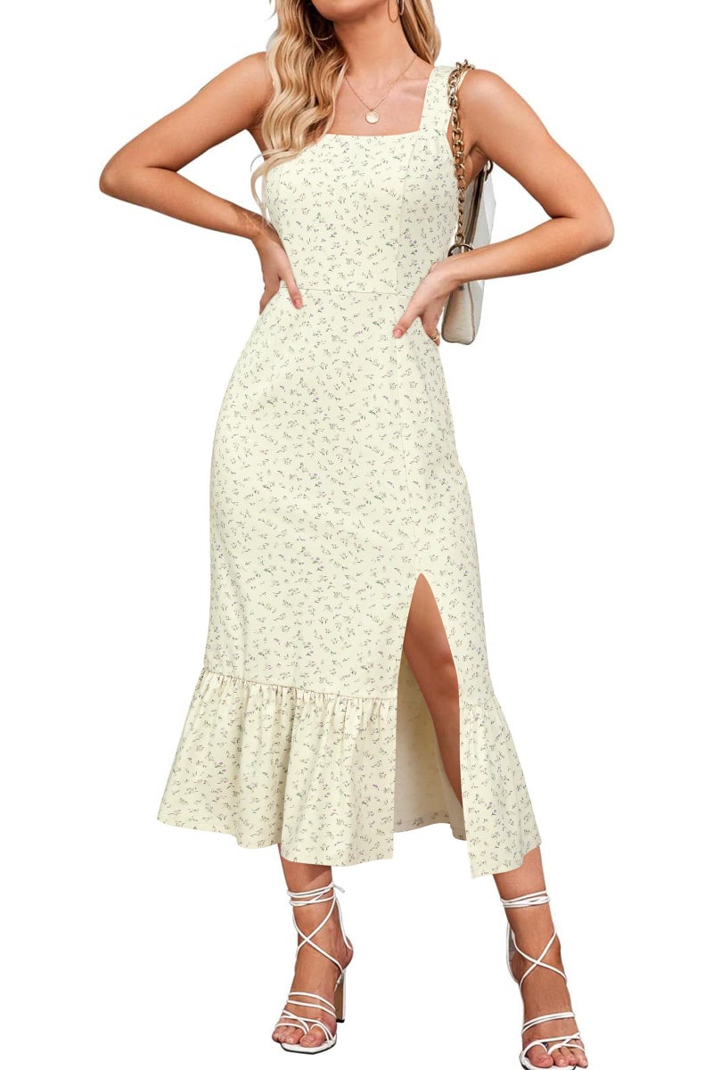 Newshows Womens 2025 Summer Beach Floral Midi Dress Spring Vacation Outfits Square Neck Ruffle Split Sundress(Light Purple Floral,XL) - Image 1