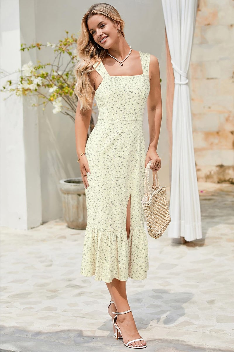 Newshows Womens 2025 Summer Beach Floral Midi Dress Spring Vacation Outfits Square Neck Ruffle Split Sundress(Light Purple Floral,XL) - Image 5
