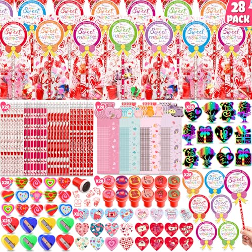 Adisher 28 Pack Valentines Day Gifts for Kids Valentines Day Cards for Kids School Stationery Set with Pencils Erasers Sharpener Stampers Valentines Goodie Bags for School Classroom Exchange Gifts - Image 1