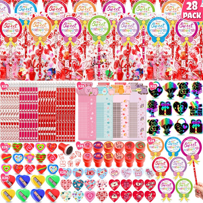 Adisher 28 Pack Valentines Day Gifts for Kids Valentines Day Cards for Kids School Stationery Set with Pencils Erasers Sharpener Stampers Valentines Goodie Bags for School Classroom Exchange Gifts - Image 2