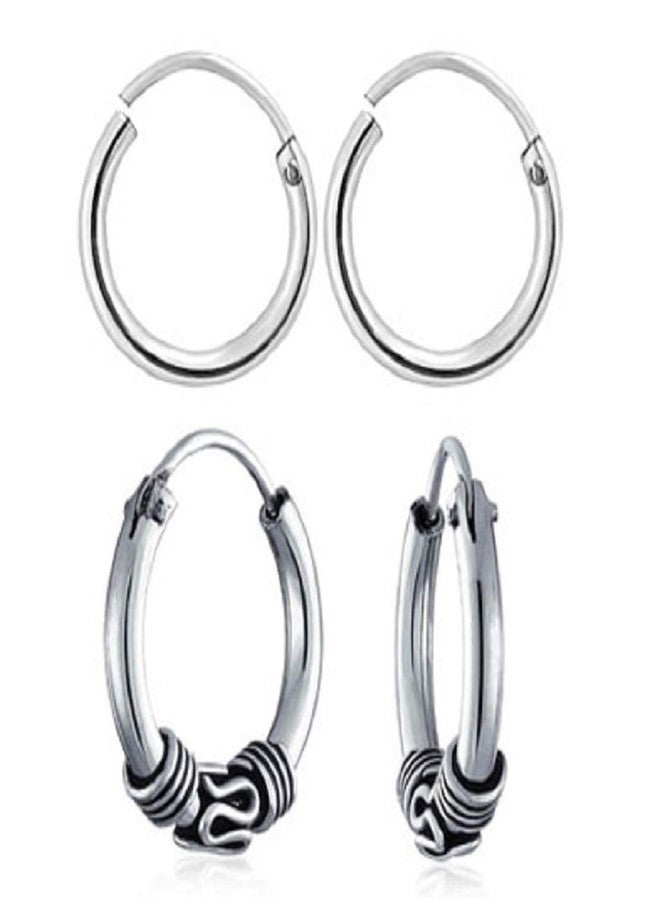 Parnika MJ Combo of Two Pairs of Small Hoops Bali Earrings in Pure 92.5 Sterling Silver for Kids/Girls/Women | Gift for Her | (2 Pairs -5) - Image 1