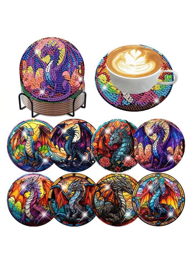 ijbnhd 8 PCS Diamond Art Coasters Kits for Adults-Dragon Diamond Painting Coasters with Holder DIY for Adults, 5D Diamond Crafts Supplies (Cork Wooden Pad) - Image 1