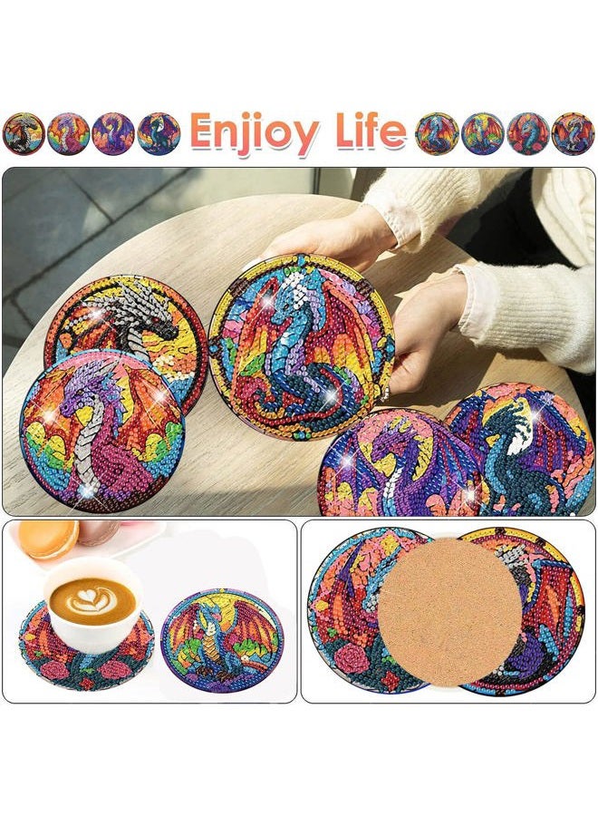 ijbnhd 8 PCS Diamond Art Coasters Kits for Adults-Dragon Diamond Painting Coasters with Holder DIY for Adults, 5D Diamond Crafts Supplies (Cork Wooden Pad) - Image 2