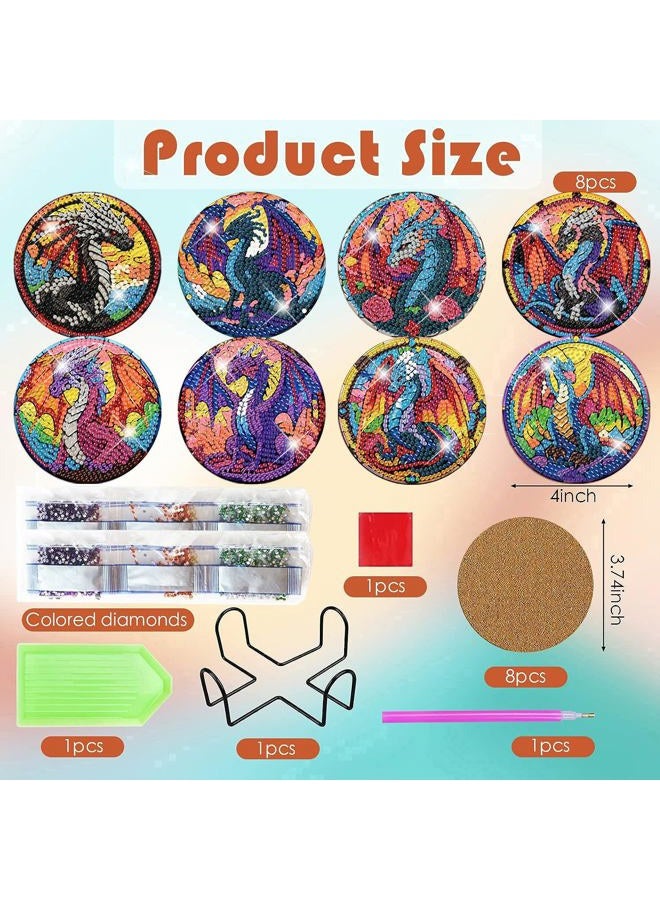 ijbnhd 8 PCS Diamond Art Coasters Kits for Adults-Dragon Diamond Painting Coasters with Holder DIY for Adults, 5D Diamond Crafts Supplies (Cork Wooden Pad) - Image 3