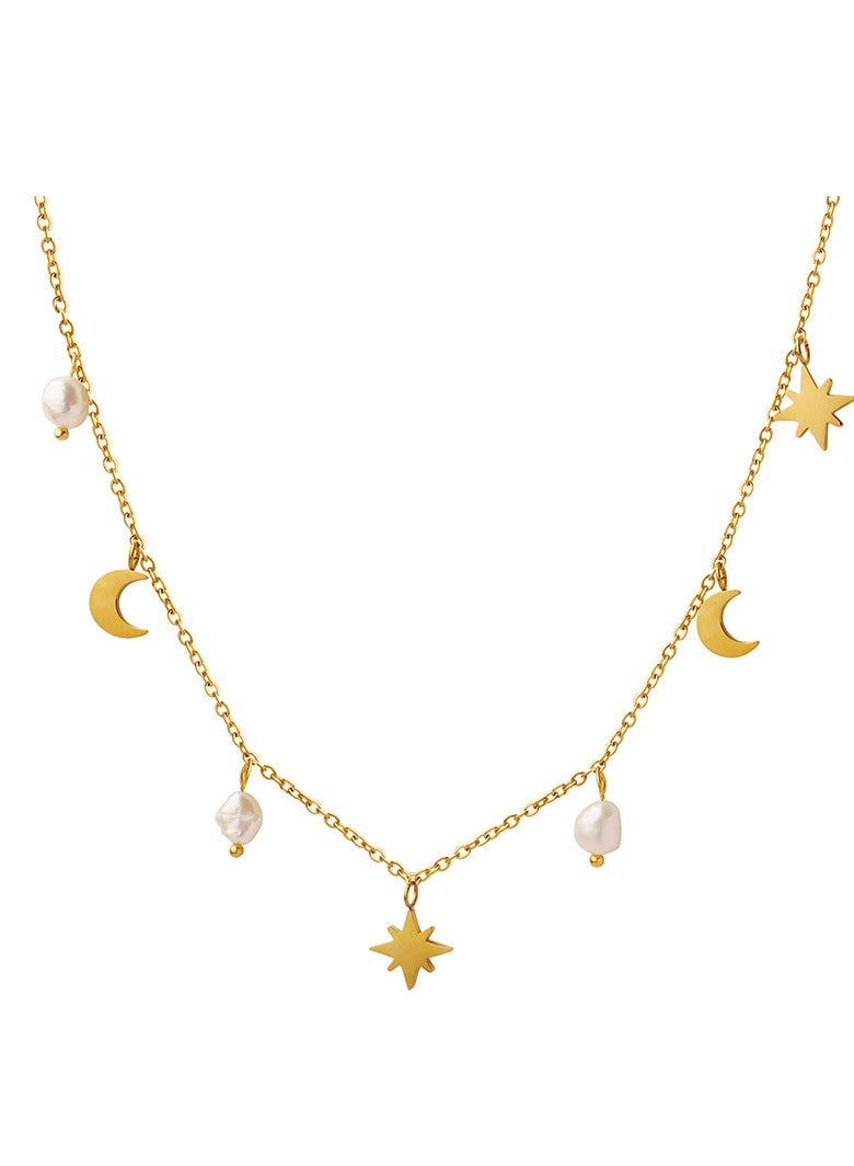 صديق الحوت المفضل قلادة أنيقة على شكل قمر ونجمة مع لآلئ طبيعية من المياه العذبة تصميم فريد هدية مثالية لعيد الحب وعيد الأم وعيد الميلاد والذكرى السنوية إكسسوارات أنيقة وراقية - Image 1