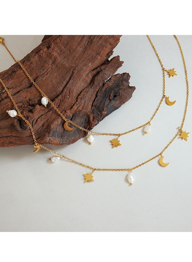 صديق الحوت المفضل قلادة أنيقة على شكل قمر ونجمة مع لآلئ طبيعية من المياه العذبة تصميم فريد هدية مثالية لعيد الحب وعيد الأم وعيد الميلاد والذكرى السنوية إكسسوارات أنيقة وراقية - Image 3