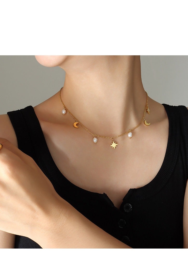 صديق الحوت المفضل قلادة أنيقة على شكل قمر ونجمة مع لآلئ طبيعية من المياه العذبة تصميم فريد هدية مثالية لعيد الحب وعيد الأم وعيد الميلاد والذكرى السنوية إكسسوارات أنيقة وراقية - Image 4