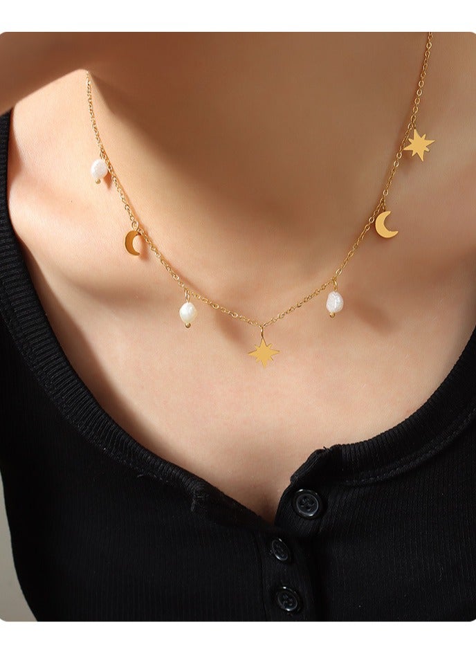 صديق الحوت المفضل قلادة أنيقة على شكل قمر ونجمة مع لآلئ طبيعية من المياه العذبة تصميم فريد هدية مثالية لعيد الحب وعيد الأم وعيد الميلاد والذكرى السنوية إكسسوارات أنيقة وراقية - Image 5