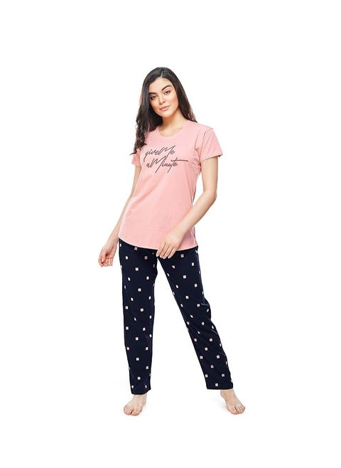 Women's Cotton Square Printed Peach Night Suit Set of Top & Pajama Set