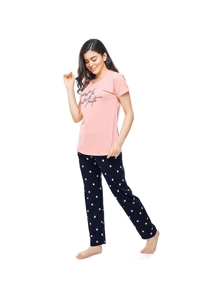 Accessorize Kingdom - Women's Cotton Square Printed Peach Night Suit Set of Top & Pajama Set - Image 1