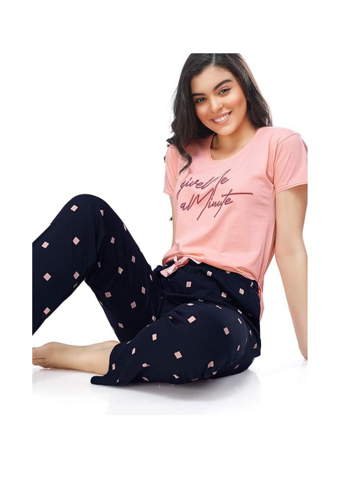 Accessorize Kingdom - Women's Cotton Square Printed Peach Night Suit Set of Top & Pajama Set - Image 1