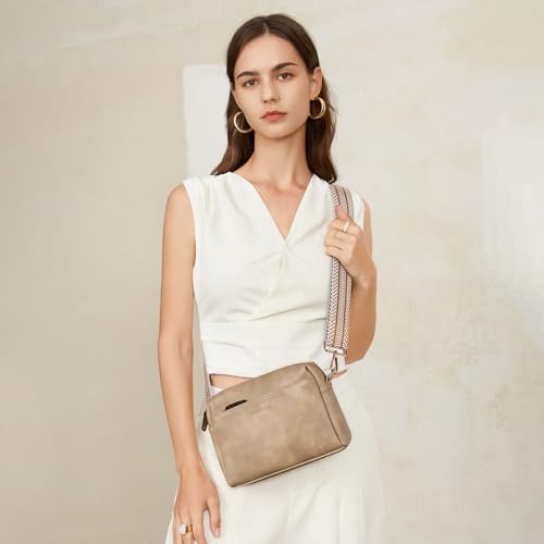 BOSTANTEN Small Crossbody Purse for Women Triple Zip Cell Phone Leather Shoulder Handbag with Wide Guitar Strap Light Brown - Image 2