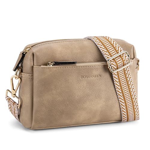 BOSTANTEN Small Crossbody Purse for Women Triple Zip Cell Phone Leather Shoulder Handbag with Wide Guitar Strap Light Brown - Image 1