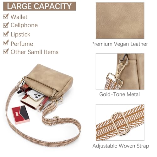 BOSTANTEN Small Crossbody Purse for Women Triple Zip Cell Phone Leather Shoulder Handbag with Wide Guitar Strap Light Brown - Image 4