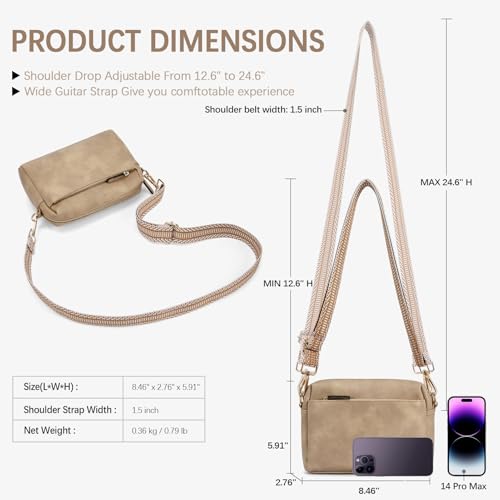 BOSTANTEN Small Crossbody Purse for Women Triple Zip Cell Phone Leather Shoulder Handbag with Wide Guitar Strap Light Brown - Image 3