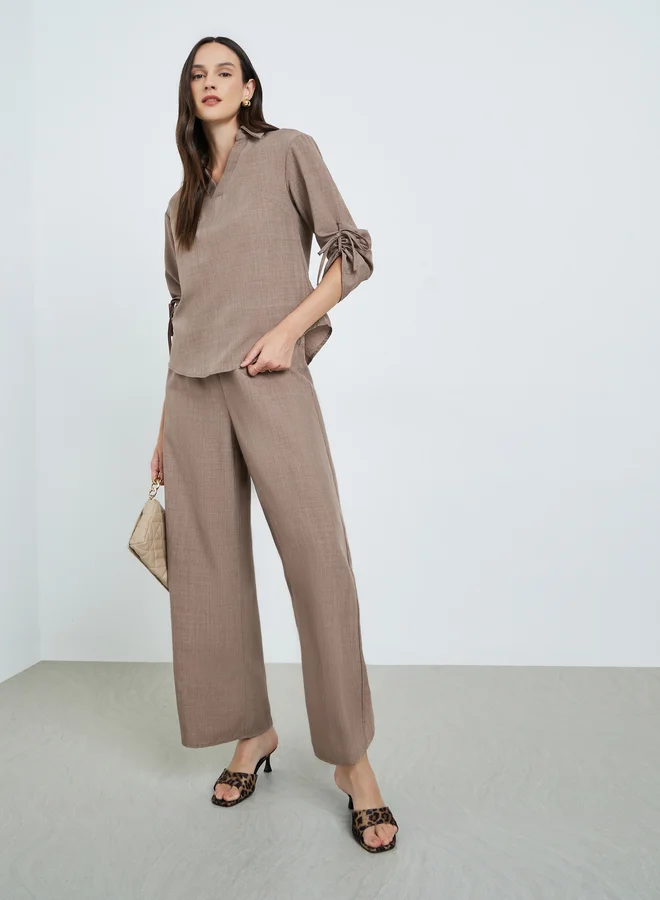 Take Two Tan Linen Tie-Sleeve Top and Trousers Co-Ords
