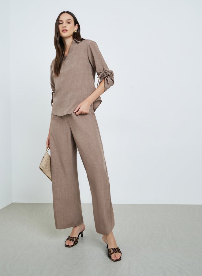 Take Two Tan Linen Tie-Sleeve Top and Trousers Co-Ords - Image 2