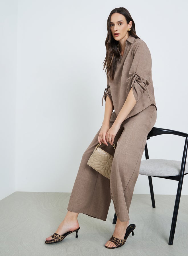 Take Two Tan Linen Tie-Sleeve Top and Trousers Co-Ords - Image 1