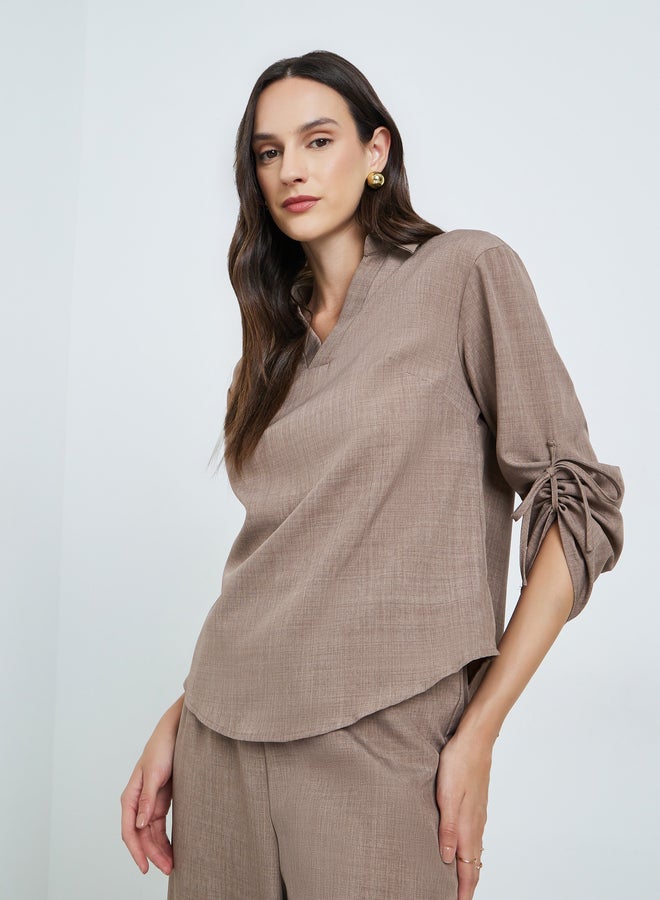 Take Two Tan Linen Tie-Sleeve Top and Trousers Co-Ords - Image 3