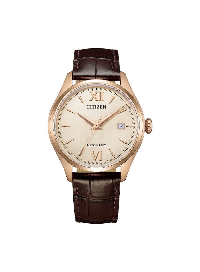 سيتيزن Mechanical Automatic Men's Watch NJ0243-06A, 40 mm Champagne Dial, Rose Gold-Tone Stainless Steel Case & Brown Leather Strap, 50 m WR - Image 1