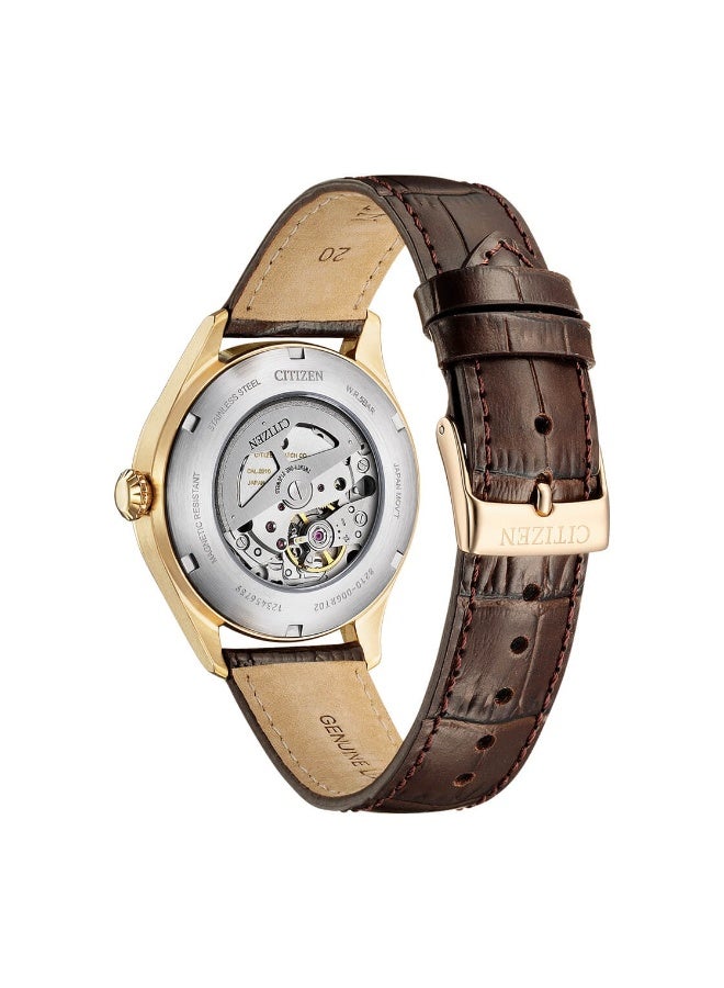 سيتيزن Mechanical Automatic Men's Watch NJ0243-06A, 40 mm Champagne Dial, Rose Gold-Tone Stainless Steel Case & Brown Leather Strap, 50 m WR - Image 2