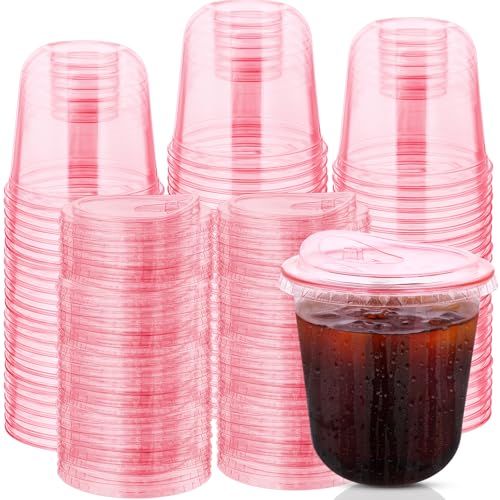 Mkhaslri 100 Sets Disposable Stemless Glasses With Strawless Sip Lids,PET Drinking Cups,Clear Plastic Coffee Cup for Iced Coffee, Smoothie, Cold Beverage, Drink Shop and Christmas Party Supply (Pink, 12 oz) - Image 1