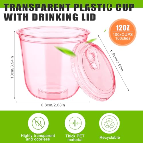 Mkhaslri 100 Sets Disposable Stemless Glasses With Strawless Sip Lids,PET Drinking Cups,Clear Plastic Coffee Cup for Iced Coffee, Smoothie, Cold Beverage, Drink Shop and Christmas Party Supply (Pink, 12 oz) - Image 2