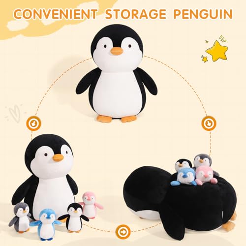 MMguai 5 Pieces Penguin Stuffer Animals Set, Giant 16 Inch Mommy Penguin Plush Toy with 4 Cute Babies Plushies in Her Zippered Tummy, Gifts for Kids Girls Boys, Birthday, Halloween, Christmas - Image 3