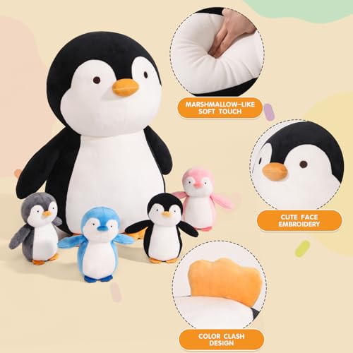 MMguai 5 Pieces Penguin Stuffer Animals Set, Giant 16 Inch Mommy Penguin Plush Toy with 4 Cute Babies Plushies in Her Zippered Tummy, Gifts for Kids Girls Boys, Birthday, Halloween, Christmas - Image 4