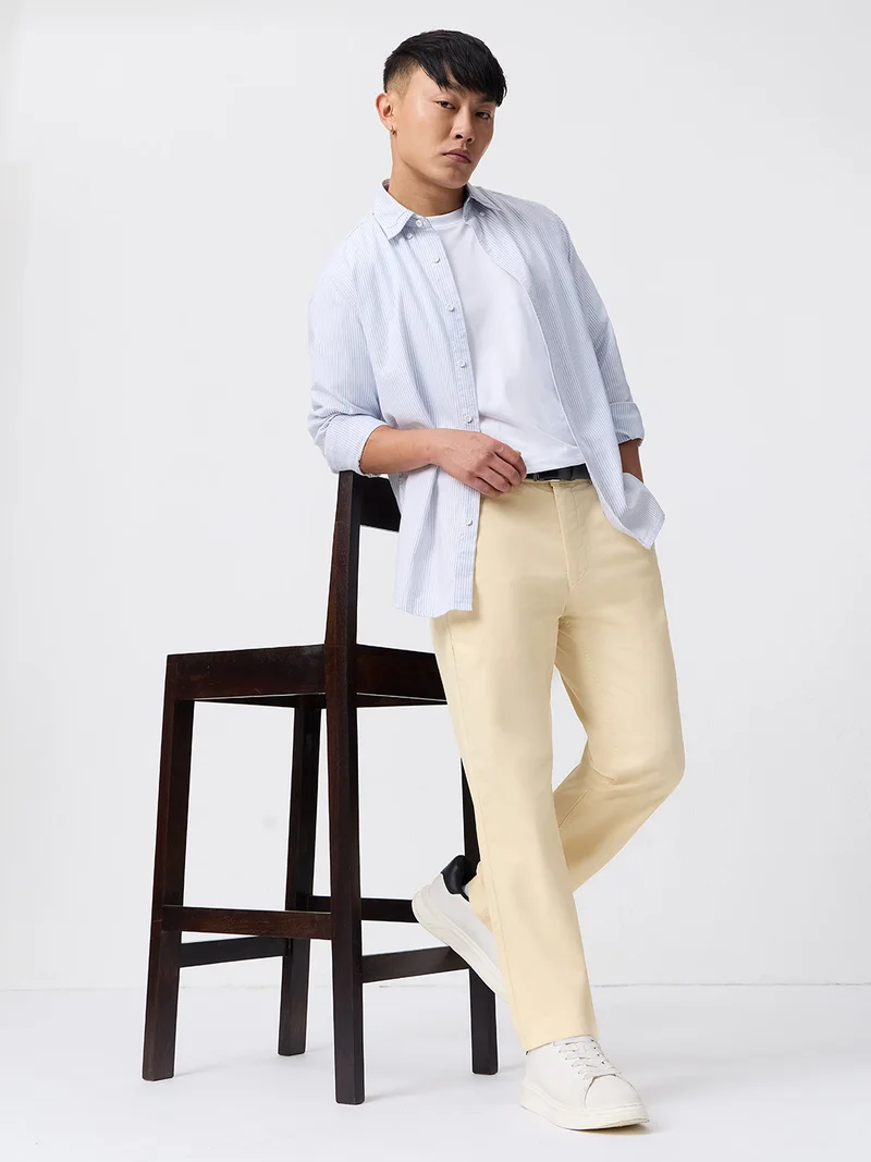 The Souled Store  The Souled Store Chino Pants: Almond Mens and Boys Solid Cotton Twill Spandex Straight Fit Stretch Trousers  | Best Price UAE