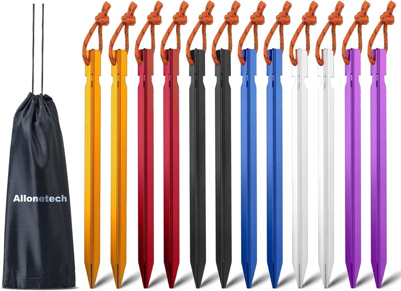 All one tech 12 Pack Tent Stakes, 7075 Ground Metal Camping Aluminum Tent Pegs, Lightweight Tent Stakes Heavy Duty Spikes Camping Accessories - Image 1