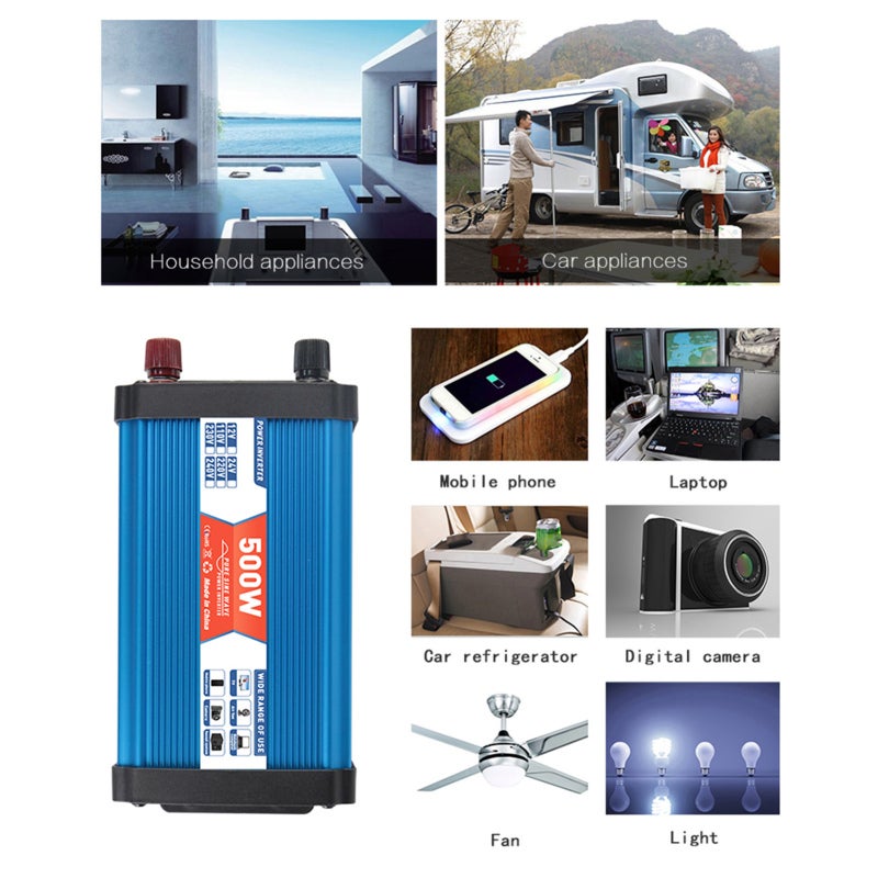 12V To AC 220V-240V 500W Power Inverter - Durable Aluminium Housing LCD Display Multi-protection Cooling Fan for Outdoor Activities Emergency Home Use - Image 3