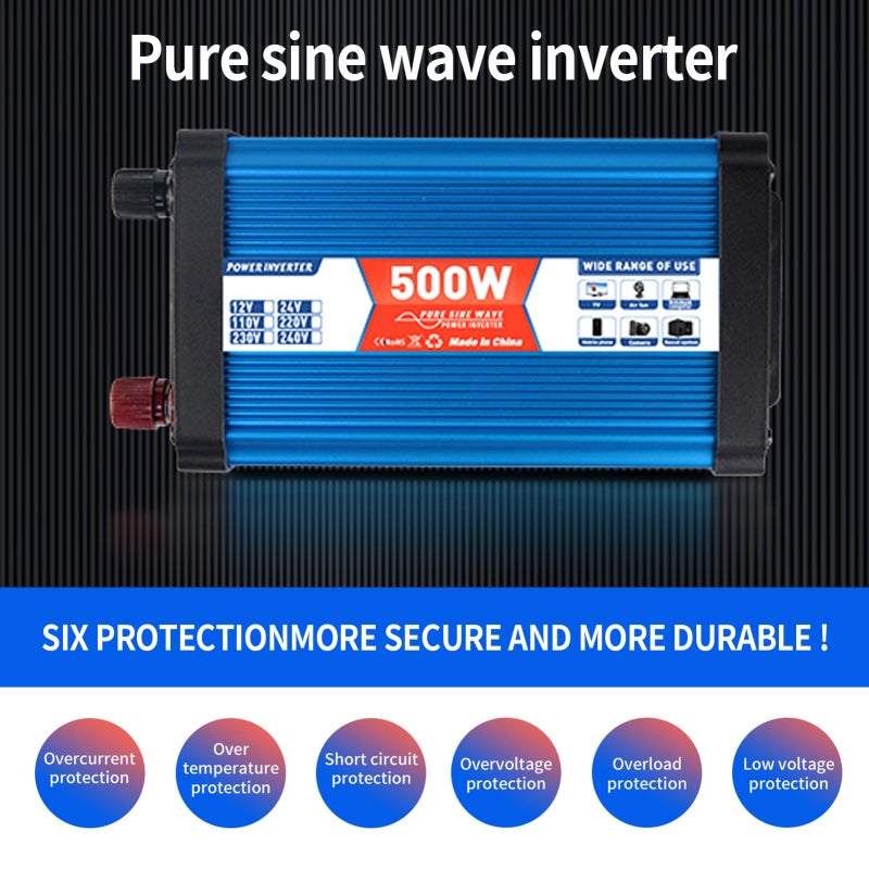 12V To AC 220V-240V 500W Power Inverter - Durable Aluminium Housing LCD Display Multi-protection Cooling Fan for Outdoor Activities Emergency Home Use - Image 2