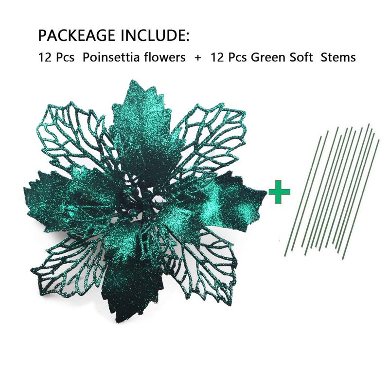 GL-Turelifes 12 Pieces 6.3 Glitter Christmas Flowers Blackish Green Poinsettia Artificial Flower Christmas Tree Flowers Wreath Tree Ornaments with 12 Pcs Green Flower Stem - Image 2