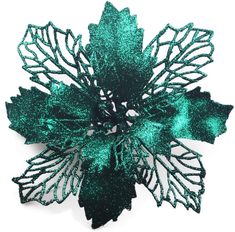 GL-Turelifes 12 Pieces 6.3 Glitter Christmas Flowers Blackish Green Poinsettia Artificial Flower Christmas Tree Flowers Wreath Tree Ornaments with 12 Pcs Green Flower Stem - Image 1