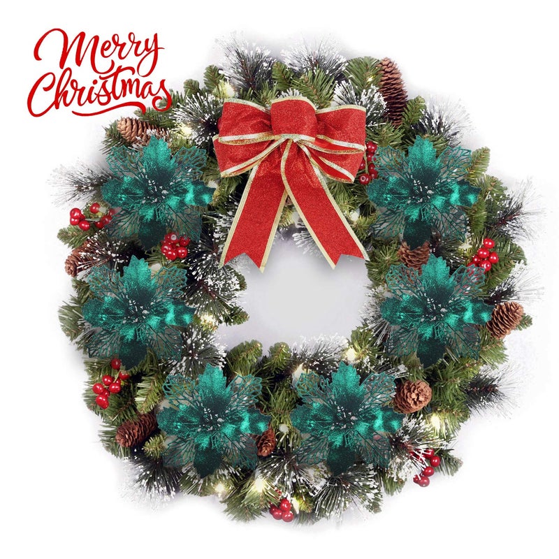 GL-Turelifes 12 Pieces 6.3 Glitter Christmas Flowers Blackish Green Poinsettia Artificial Flower Christmas Tree Flowers Wreath Tree Ornaments with 12 Pcs Green Flower Stem - Image 5