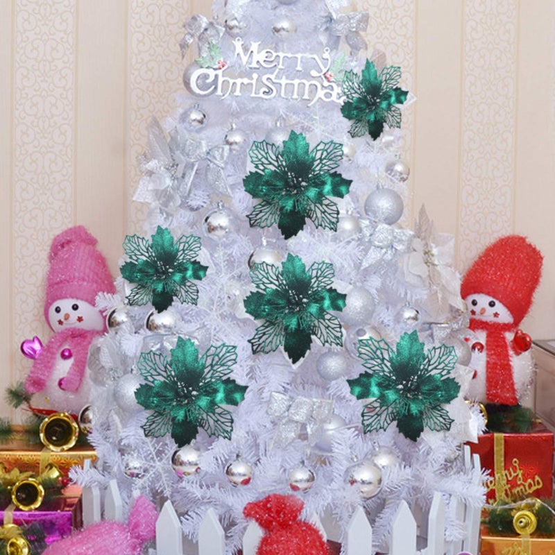 GL-Turelifes 12 Pieces 6.3 Glitter Christmas Flowers Blackish Green Poinsettia Artificial Flower Christmas Tree Flowers Wreath Tree Ornaments with 12 Pcs Green Flower Stem - Image 4